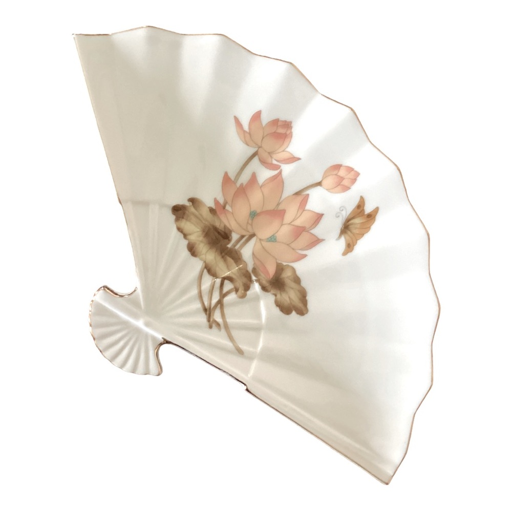 Porcelain Fan Trinket Holder Peach Tan Floral Gold Edge Stamped JAPAN Vintage